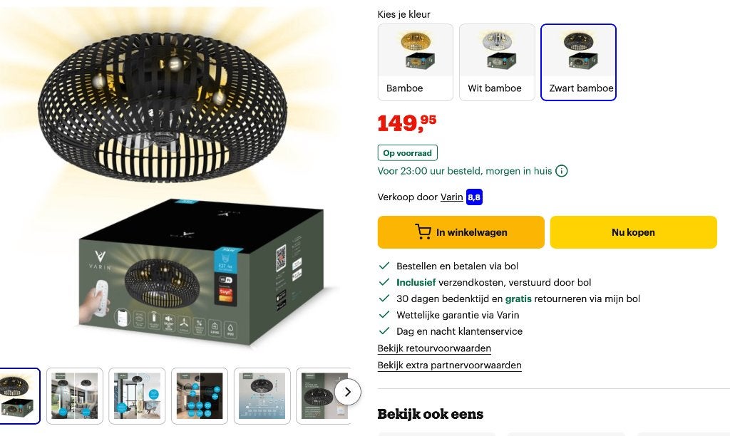 Varin plafondventilator met lamp - Bamboe Zwart. Ø50cm, 50 cm, Modern, Nieuw, Smart
