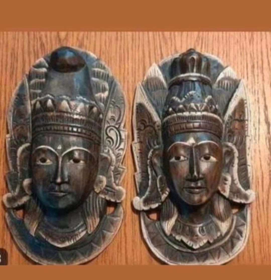 Indische houten maskers man en vrouw set, Ophalen of Verzenden