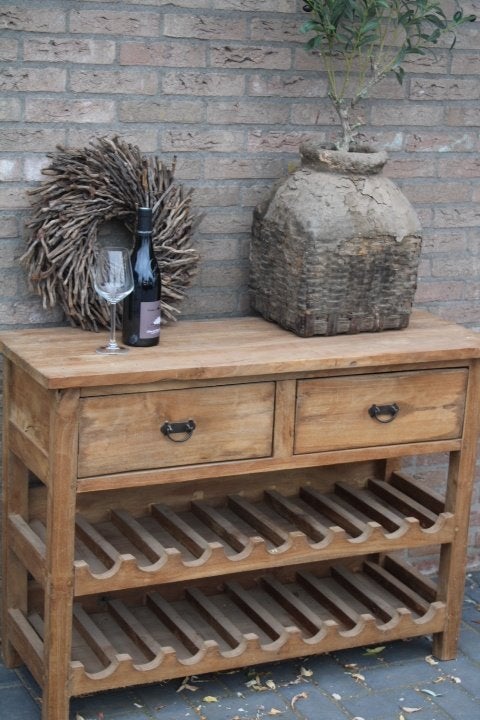 ACTIE houten Wijnrek sidetable met Lades - Landelijke Stijl, Ophalen, 50 tot 100 cm, Teakhout, Zo goed als nieuw