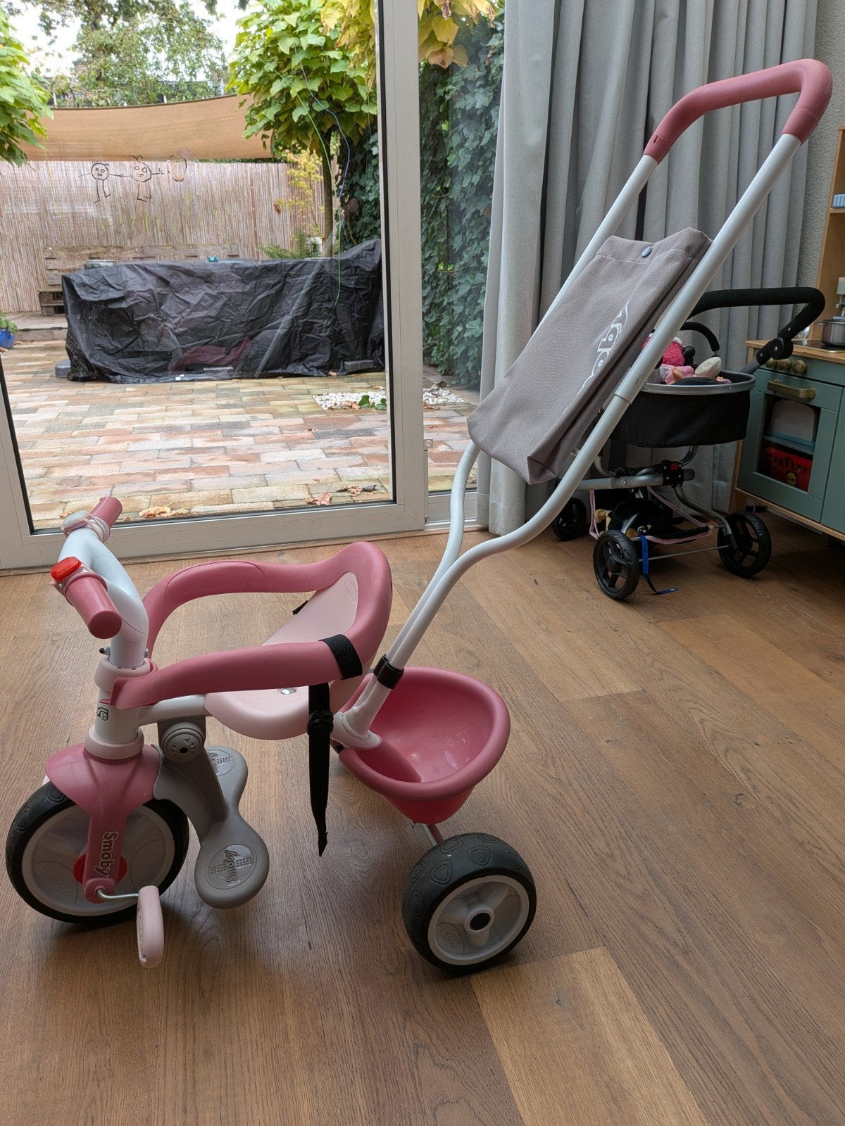 Smoby Be Move Roze Driewieler met Duwstang, Ophalen, Gebruikt, Smoby, Duwstang