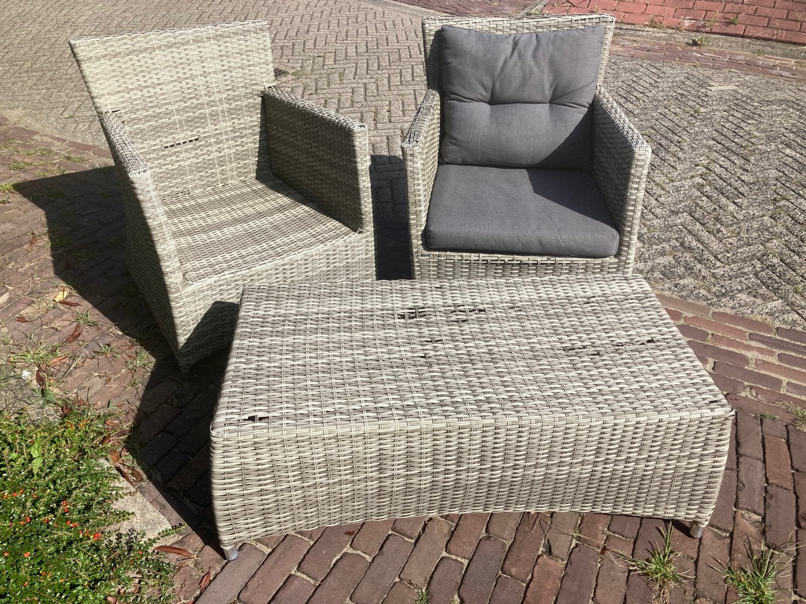 2 fauteuils , met of zonder tafel en glasplaat, Gebruikt, Rotan, Tuinset, Eettafel
