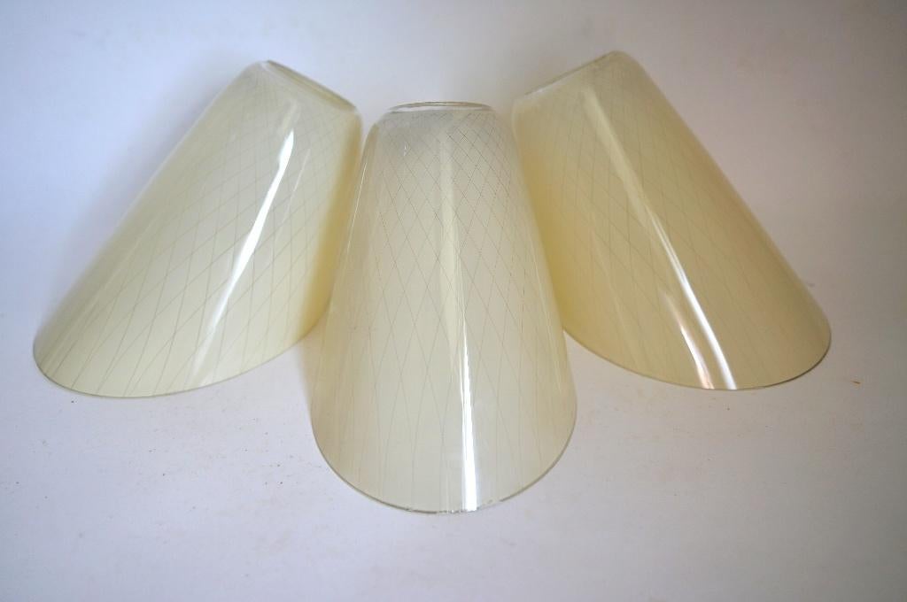 vintage 3x lampenkap schuin streep ruit jaren 50 creme glas, Gebruikt, 25 tot 50 cm, Vintage, Crème