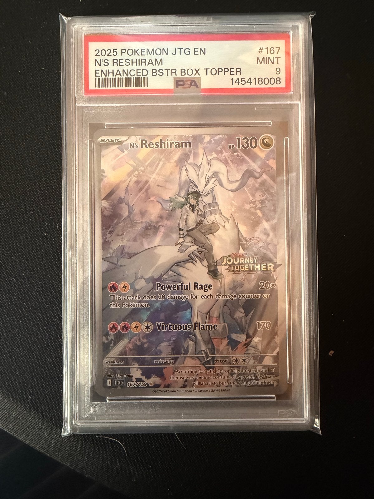 N's Reshiram 2025 JTG EN PSA 9 Mint Pokemon Kaart, Ophalen of Verzenden, Zo goed als nieuw, Losse kaart