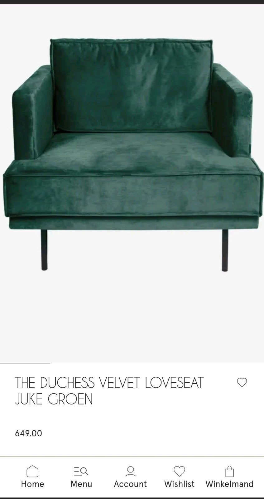 Sissy boy Stoel: The duchess velvet loveseat juke Groen, Ophalen, Eenpersoons, 75 tot 100 cm, Zo goed als nieuw