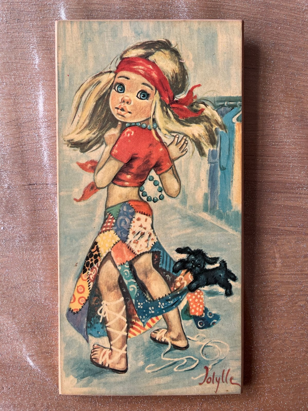 Vintage houten wanddecoratie meisje met hondje, Huis en Inrichting, Minder dan 50 cm, Gebruikt, Overige typen, Ophalen of Verzenden