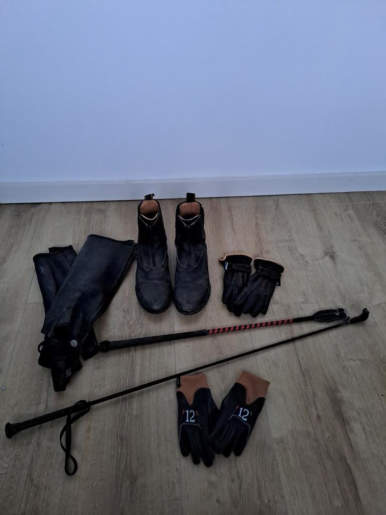 Div paardrij spullen, leren chaps en schoenen mt 40, zwepen, Dieren en Toebehoren, Ophalen of Verzenden