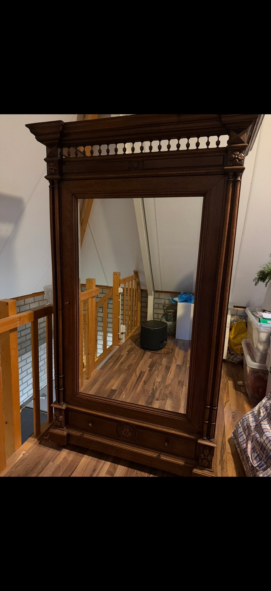 Antieke eikenhouten kast met spiegel en lade henri II stijl, Antiek en Kunst, Ophalen of Verzenden