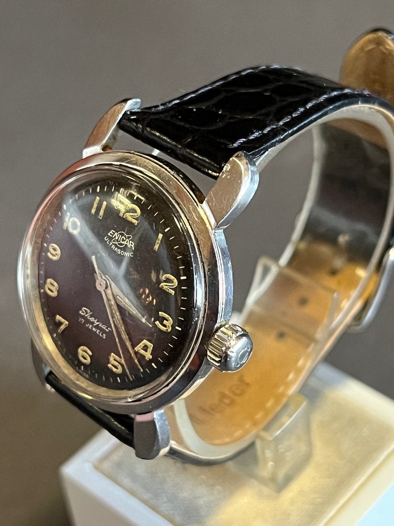 Enicar Sharpa Ultrasonic 17 Jewels Handopwind 34mm, Overige merken, Staal, Met bandje, Polshorloge