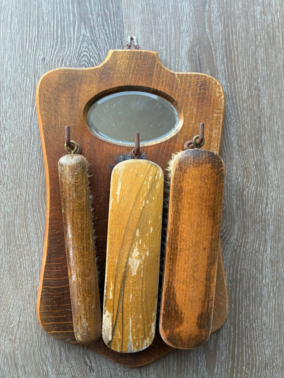 Vintage schoenpoetsset met wandpaneel en spiegel, Ophalen of Verzenden