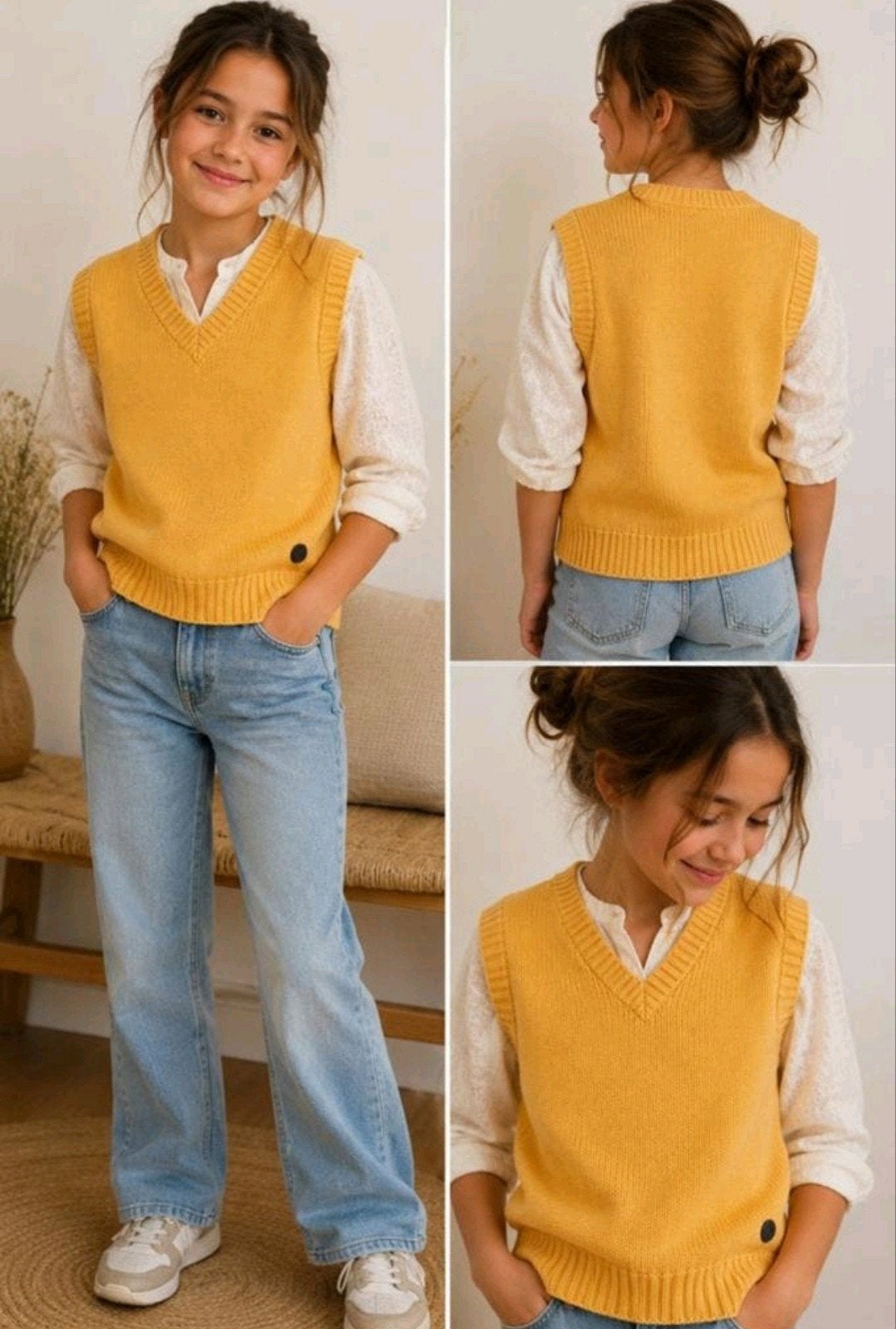 Geel gebreid gilet voor meisje of jongen - Maat 12 jaar, Jongen of Meisje, Overhemd of Blouse, Ophalen of Verzenden, Zo goed als nieuw