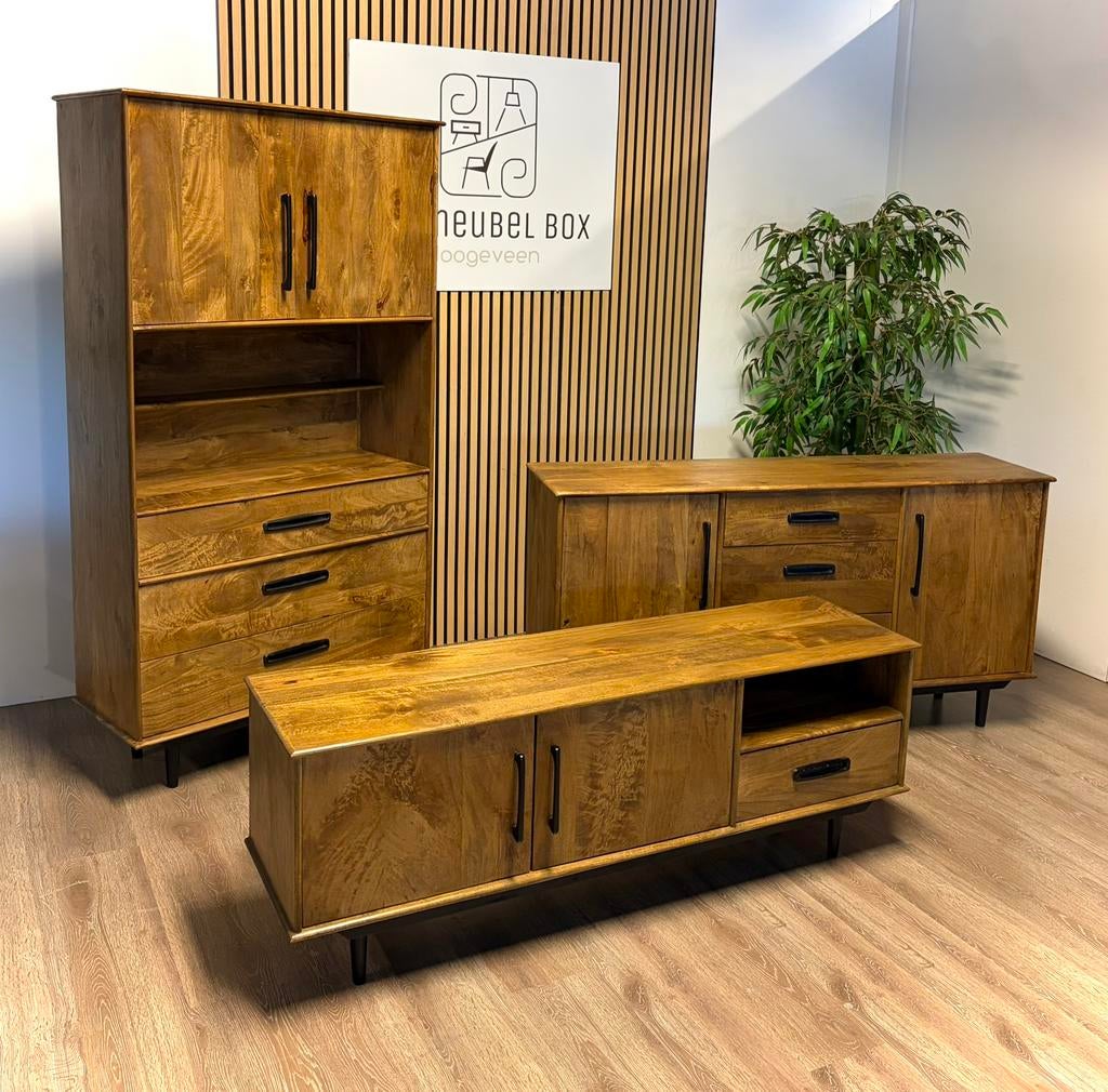 Massief houten - TV meubel wandkast dressoir kast ayleen, Huis en Inrichting, Kasten | Televisiemeubels, Ophalen, Nieuw, Japandi vintage retro warmbruin hout wandkast televisie meubel