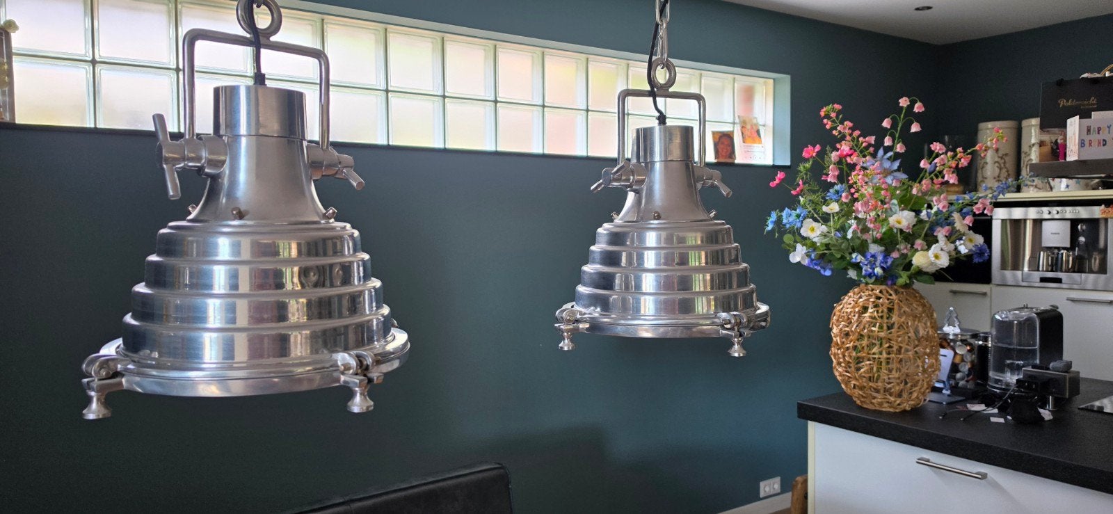Riviera Maison Set van 2 industriële hanglampen, Huis en Inrichting, Lampen | Hanglampen, Ophalen, E27 (groot), Zo goed als nieuw