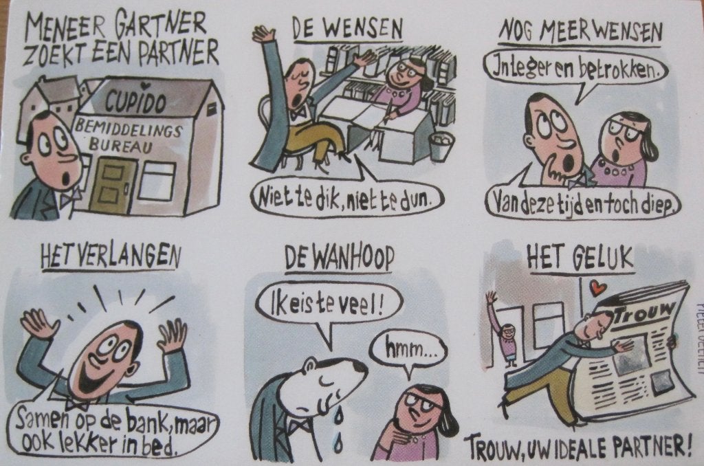 Cartoon van Peter Geenen op ansichtkaart - Trouw, Ophalen of Verzenden, 1980 tot heden, Gelopen, Overige thema's