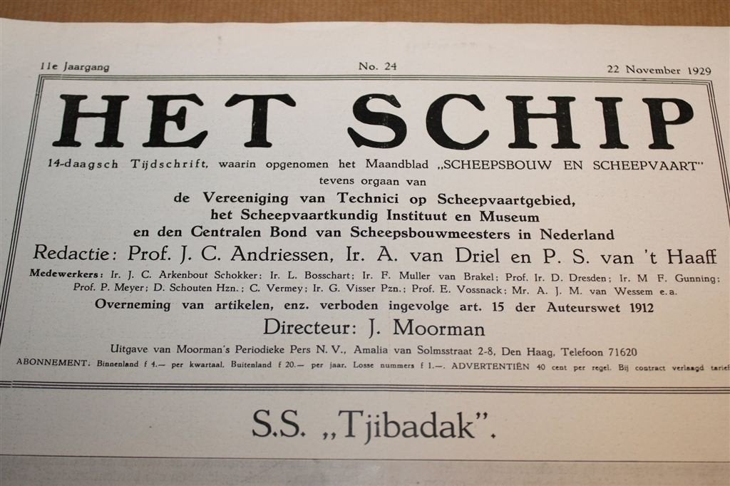 Het Schip 1929 — Tjibadak Statendam Scheepsbouw, Verzamelen, Gebruikt, -, Kaart, Foto of Prent, -