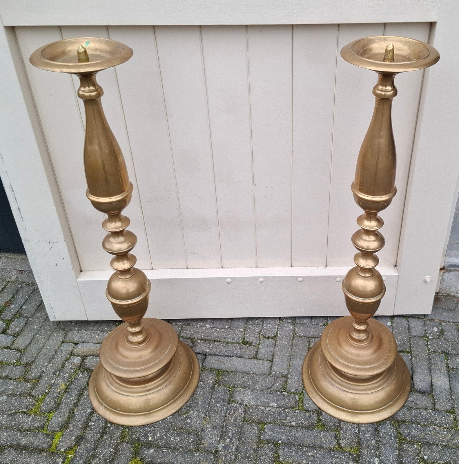 Stel messing kerkkandelaars 19de eeuw 95cm hoog, Ophalen, Koper of Brons