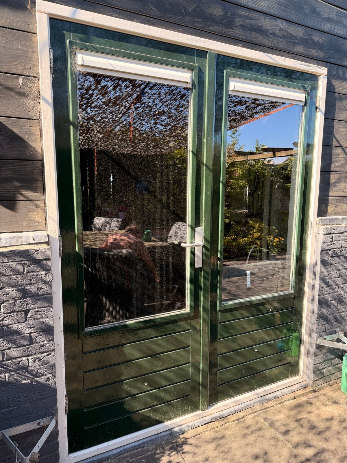 Dubbele tuindeuren met glas - Groen, Gebruikt, Buitendeur, 200 tot 215 cm, Hout