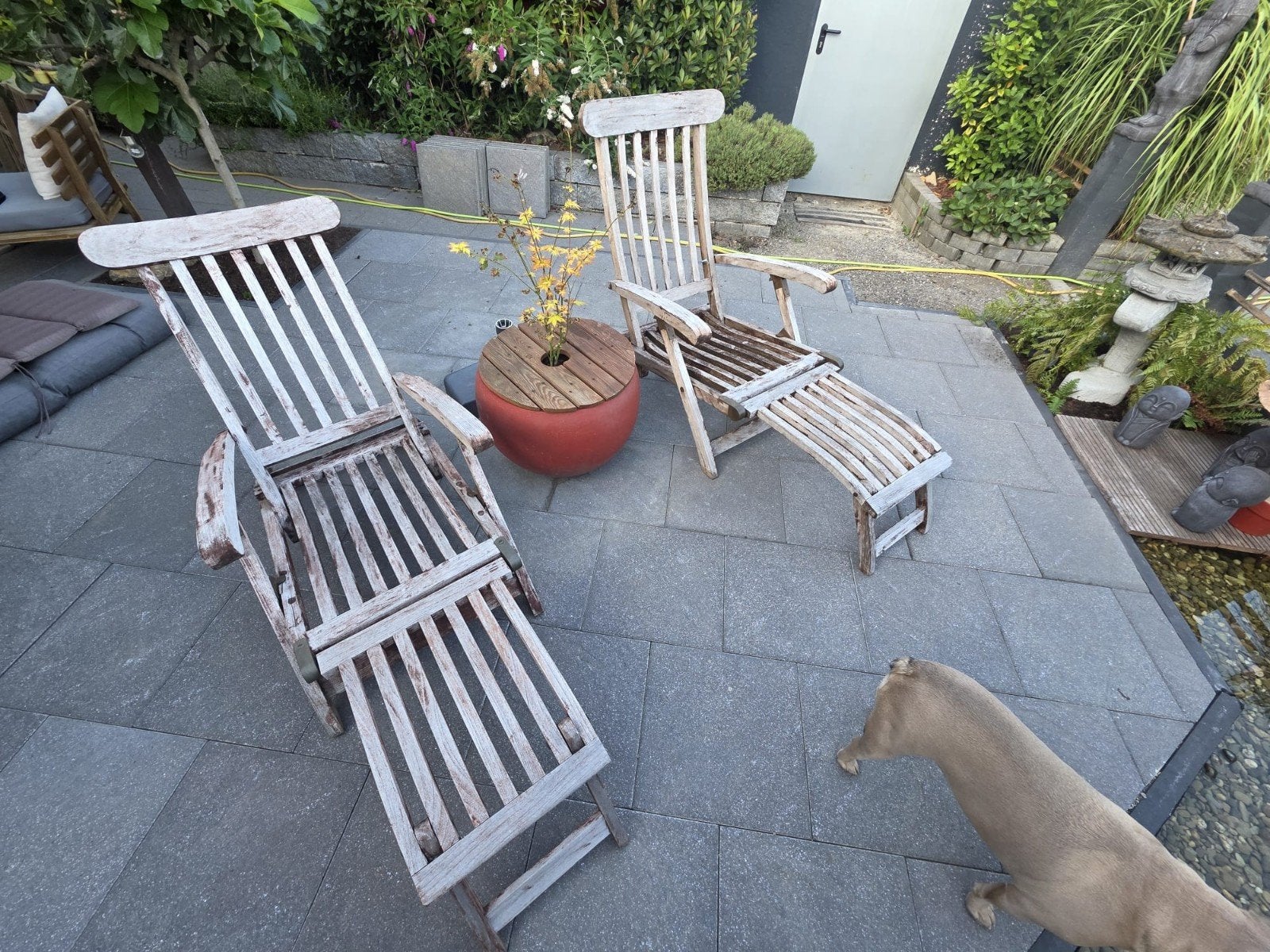 hardhouten deckchairs 2 stuks..lezen !!, Ophalen, Gebruikt, Hout, Verstelbaar