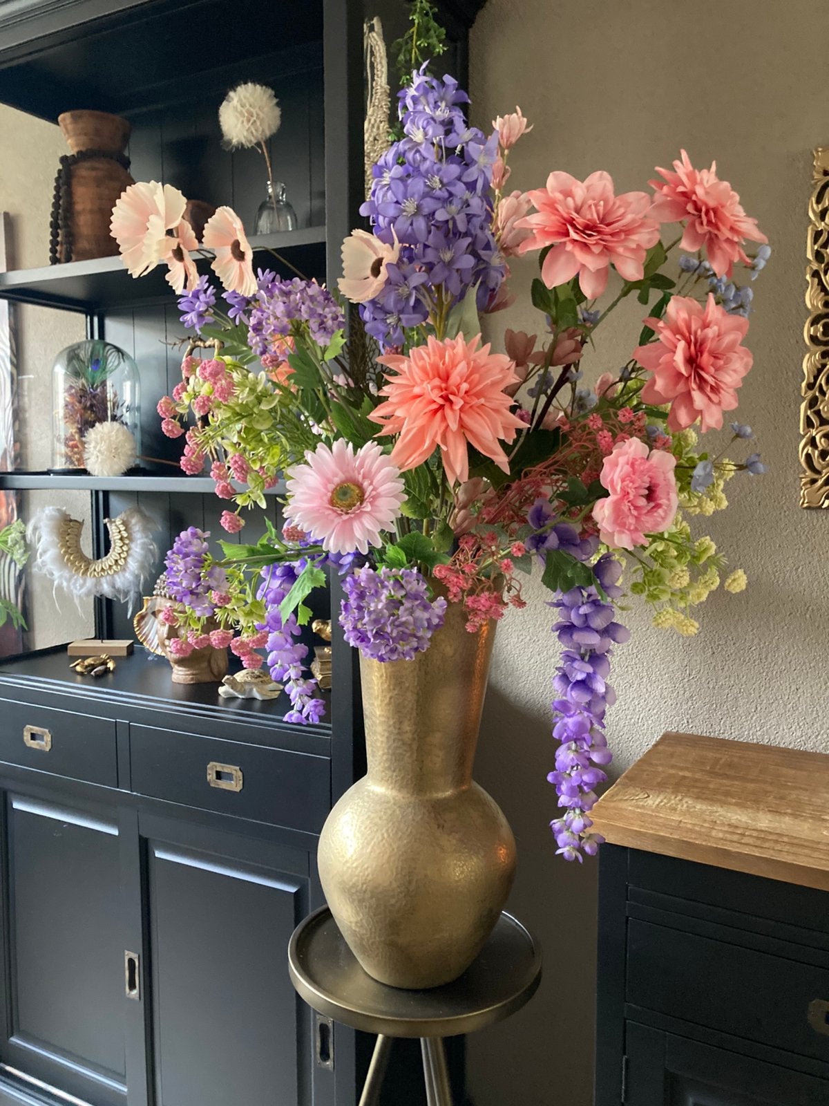 Prachtige Zijden bloemen in hoge vaas XL Zijde, Ophalen, Nieuw, Bloemstuk
