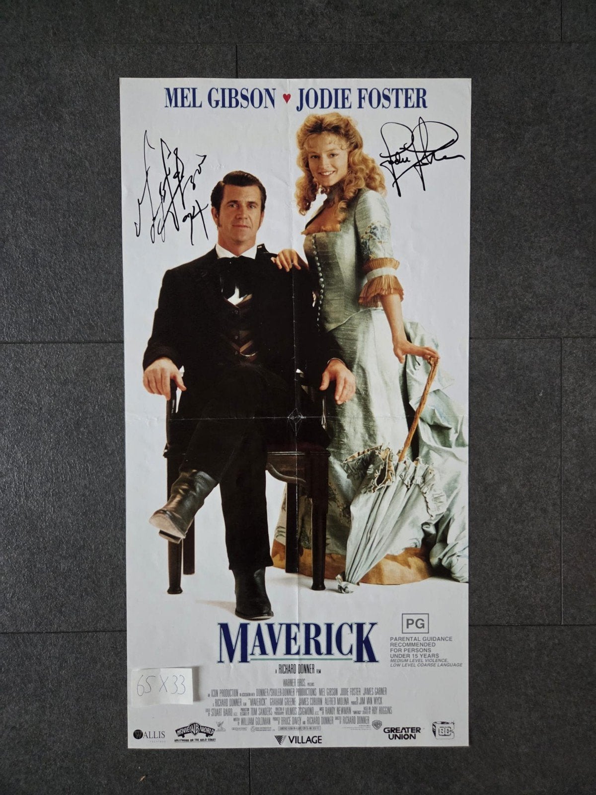 Maverick Filmposter gesigneerd Mel Gibson Jodie Foster, Ophalen of Verzenden, A1 t/m A3, Film en Tv, Rechthoekig Staand