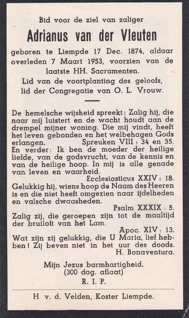 Vleuten Adrianus 1874 Liempde 1953, Ophalen of Verzenden, Bidprentje