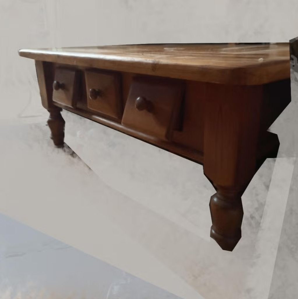 Grenenhouten salontafel met 3 kleine lades, Huis en Inrichting, Tafels | Salontafels, Ophalen, Gebruikt, 100 tot 150 cm, Vierkant