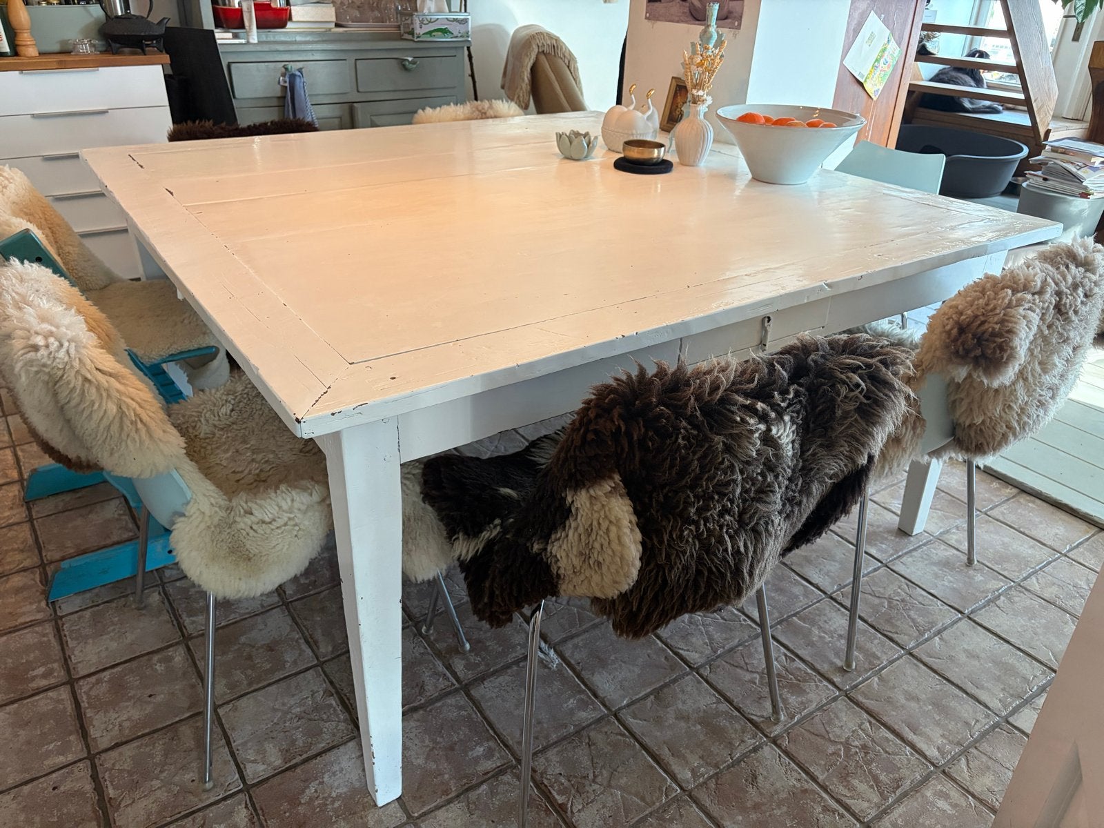 Massief eiken vierkante eettafel 160x160 met 4 laden, Ophalen, Gebruikt, 150 tot 200 cm, Vijf personen of meer