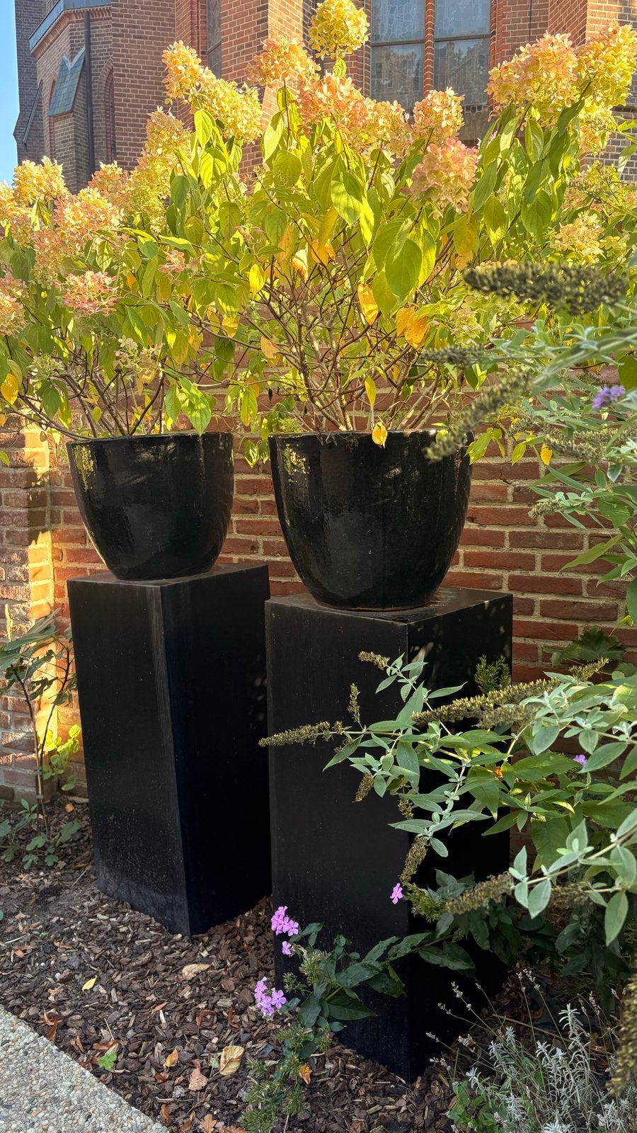 Exclusive zuilen plantenbakken potten met sokkel - Set van 2, Ophalen, Kunststof, Rond, Zo goed als nieuw