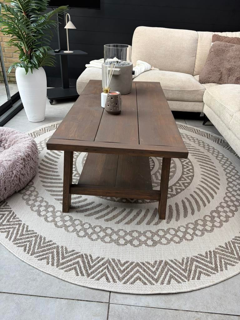 Mooie bruine houten salontafel, Ophalen, 100 tot 150 cm, 50 tot 100 cm, Zo goed als nieuw
