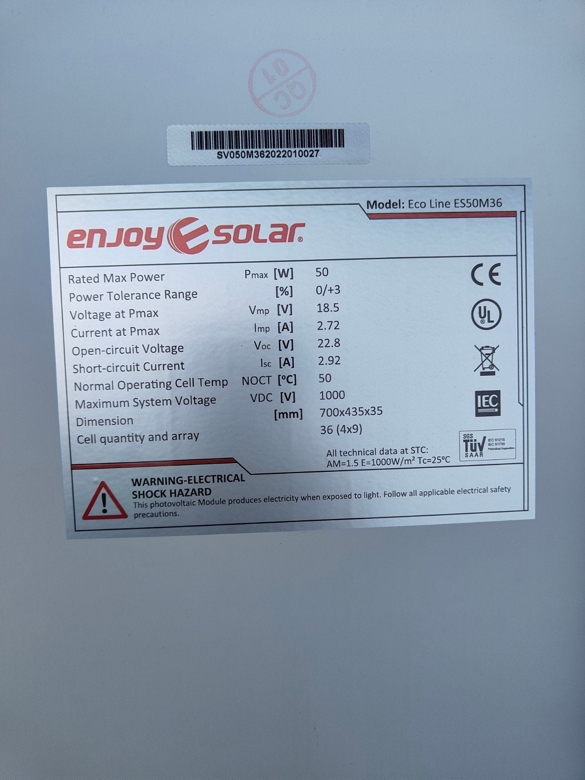 Enjoy Solar Zonnepaneel 50W - Eco Line ES50M36, Doe-het-zelf en Verbouw, Zonnepanelen en Toebehoren, Ophalen of Verzenden
