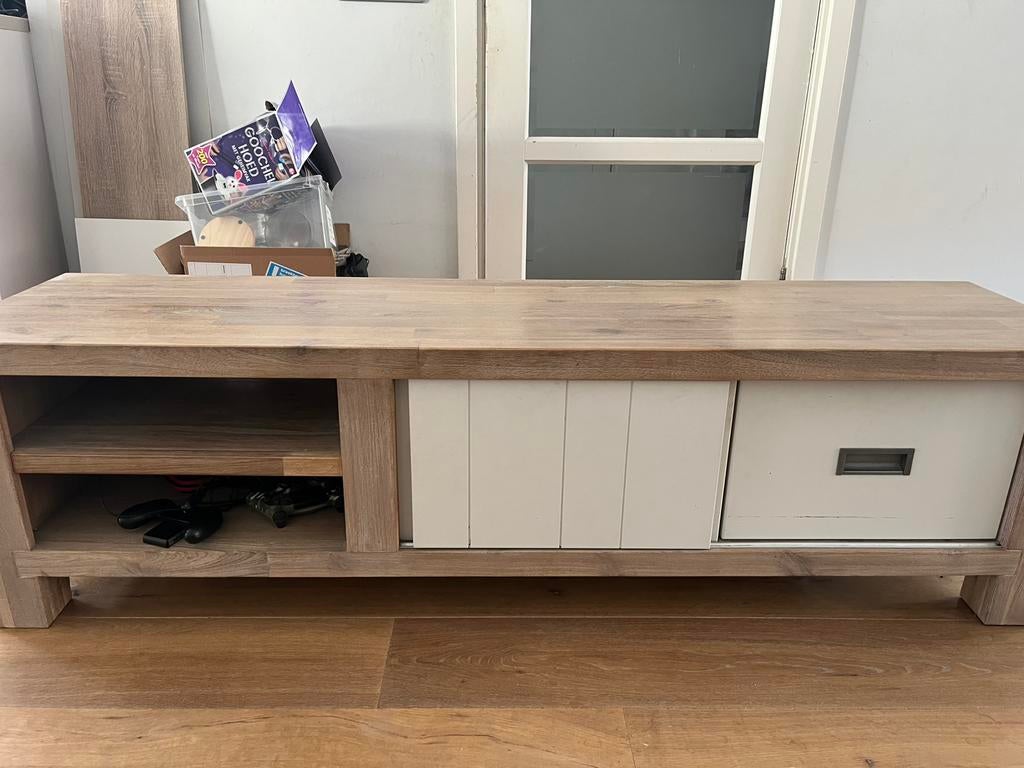 Eiken white wash tv meubel, Ophalen, 150 tot 200 cm, Eikenhout, Zo goed als nieuw