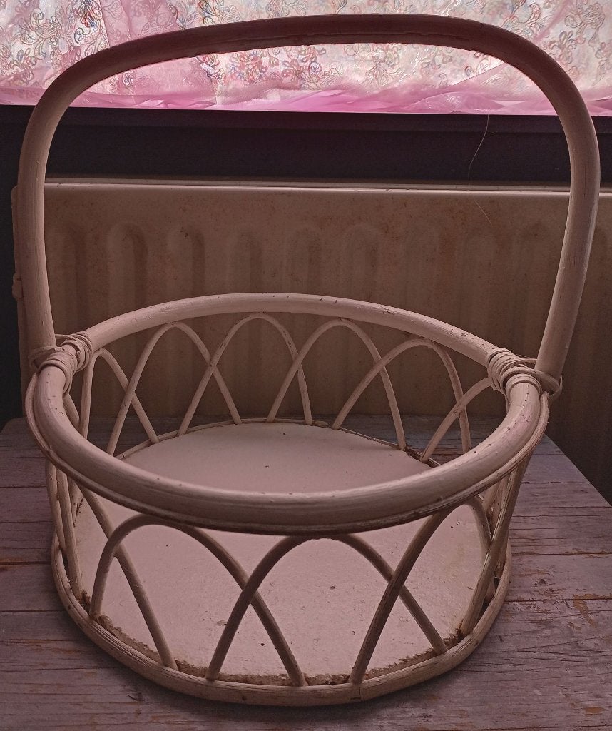 Vintage bamboe rotan korf mand, Gebruikt, Mand, Rond, Ophalen of Verzenden