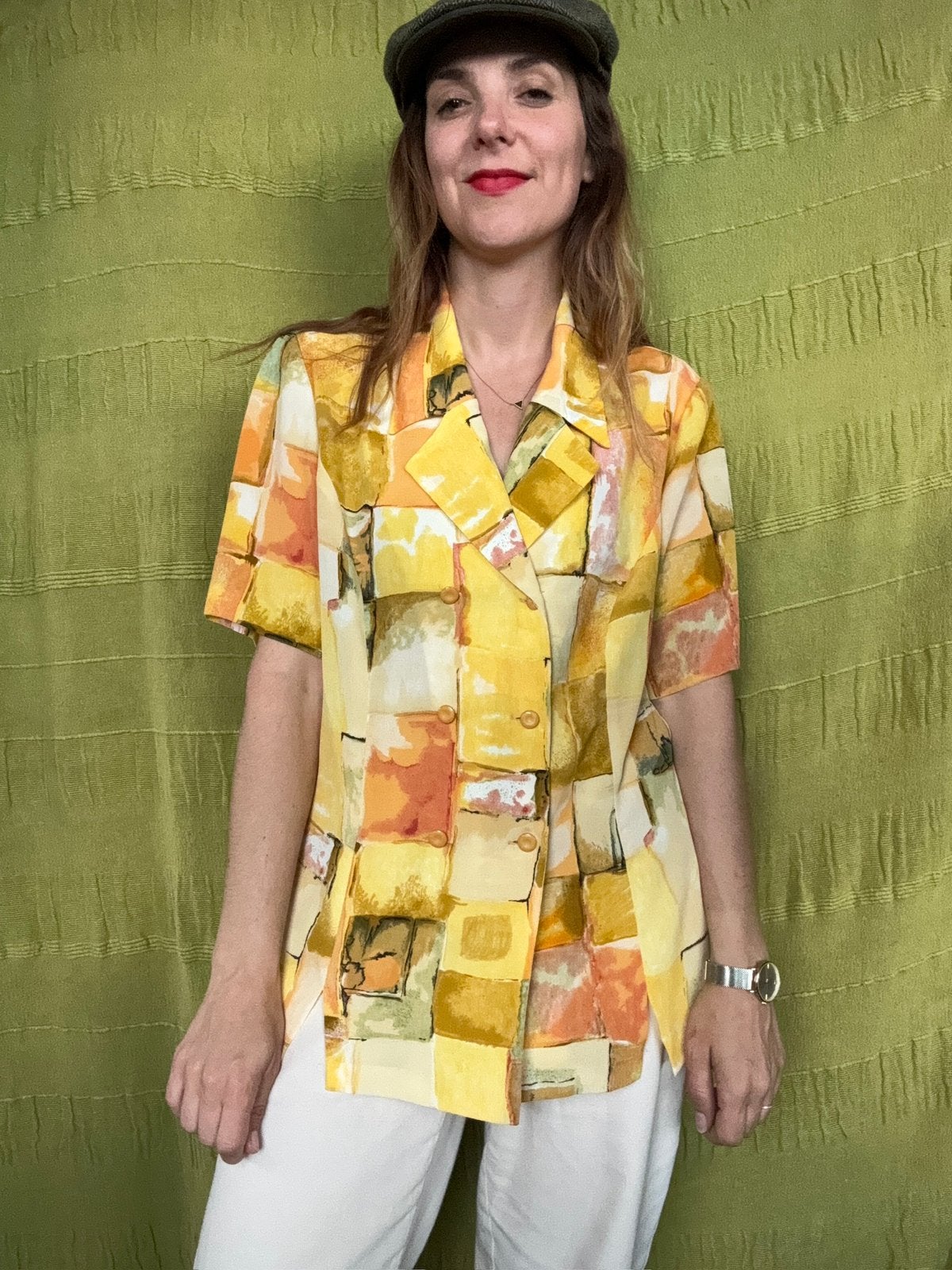 Vintage blouse / shirt / print / geel / extra large / XL, Hgv, Maat 42/44 (L), Ophalen of Verzenden, Gedragen