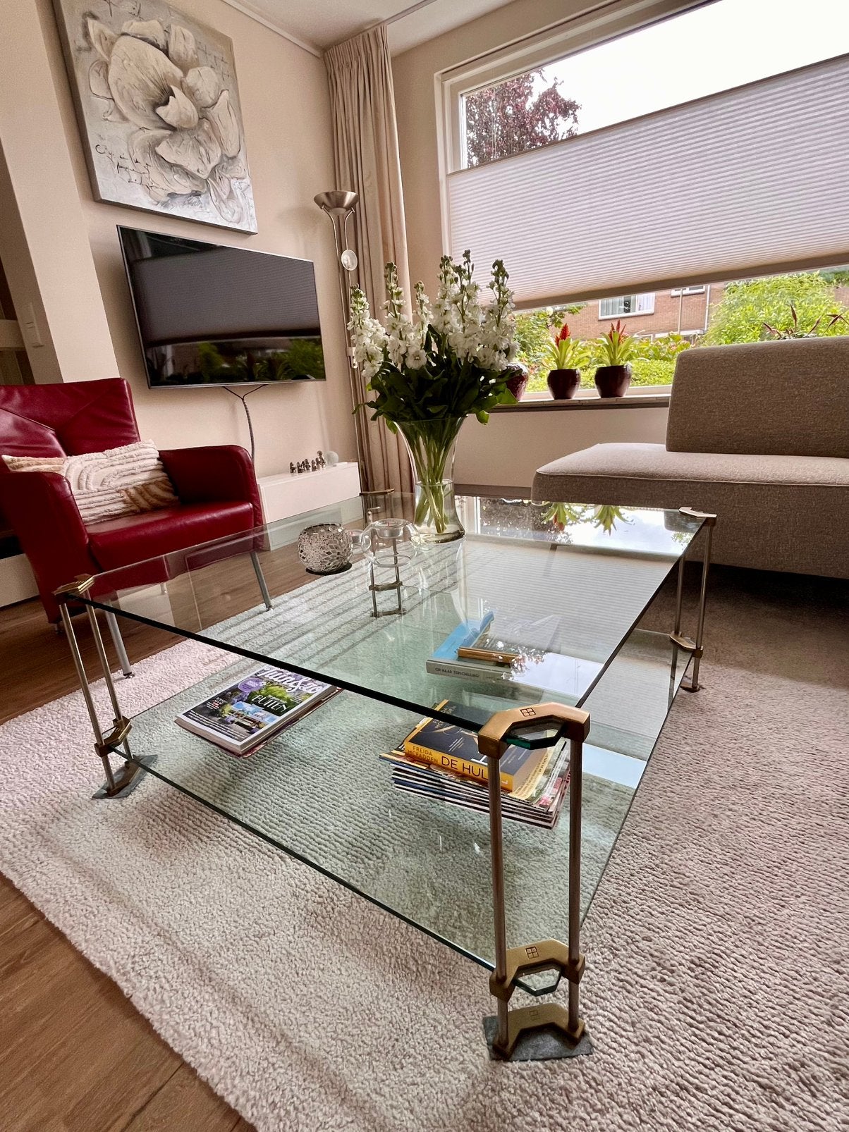 Glazen tafel dubbel laags, Ophalen, Gebruikt, 50 tot 100 cm, Past in ieder interieur