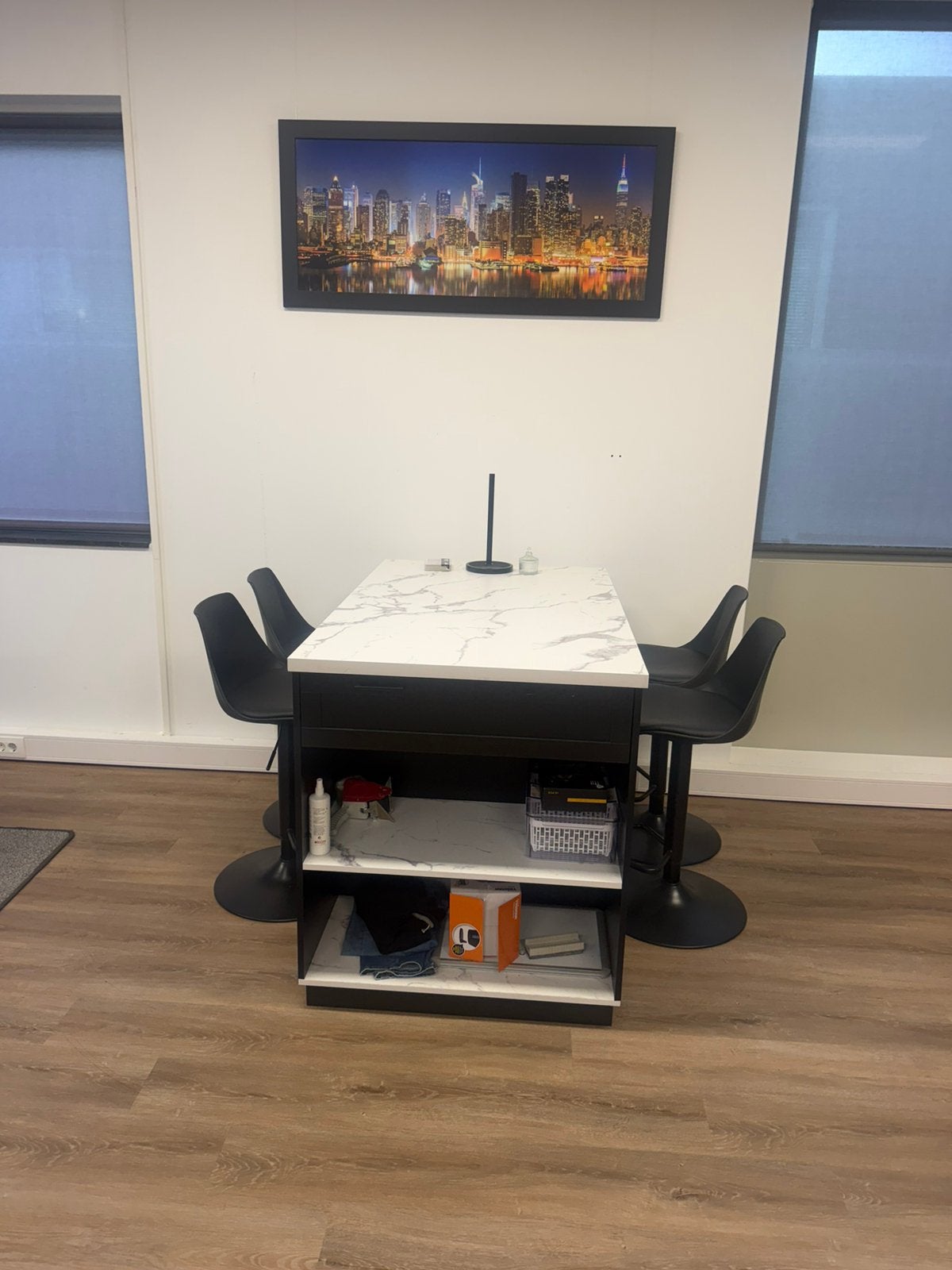 eettafel met marmerlook en opbergruimte en 4x stoelen, Ophalen, Kunststof, 100 tot 150 cm, 50 tot 100 cm