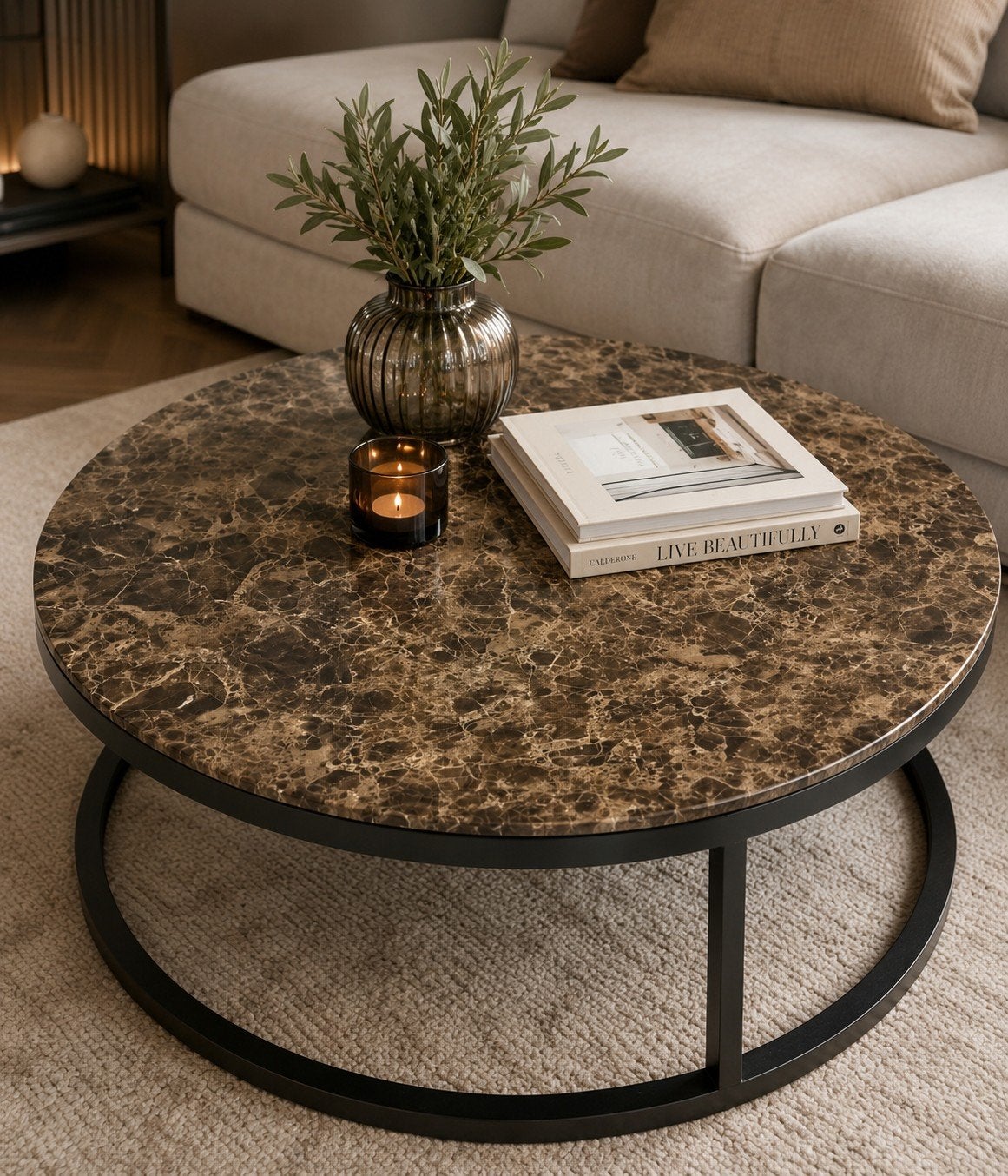 Richmond Interiors Salontafel Rond Marmer, Ophalen, 50 tot 100 cm, Modern, Klassiek, Luxe, Rond