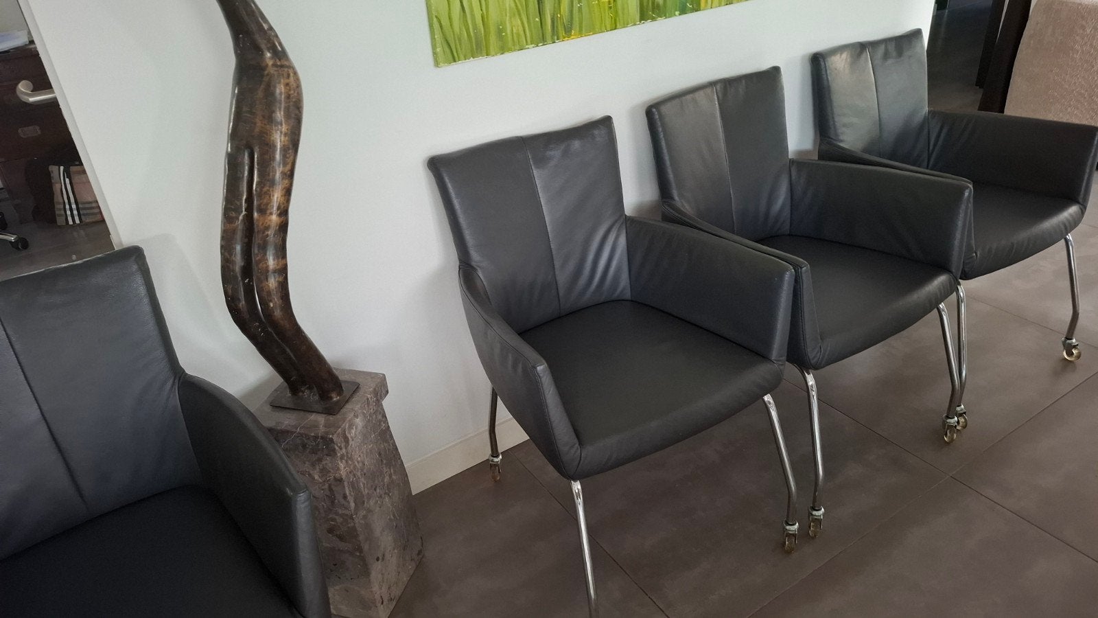 6 lederen eetkamerstoel op wieltjes KOOPJE!!!, Huis en Inrichting, Stoelen, Ophalen, Grijs, Vijf, Zes of meer stoelen