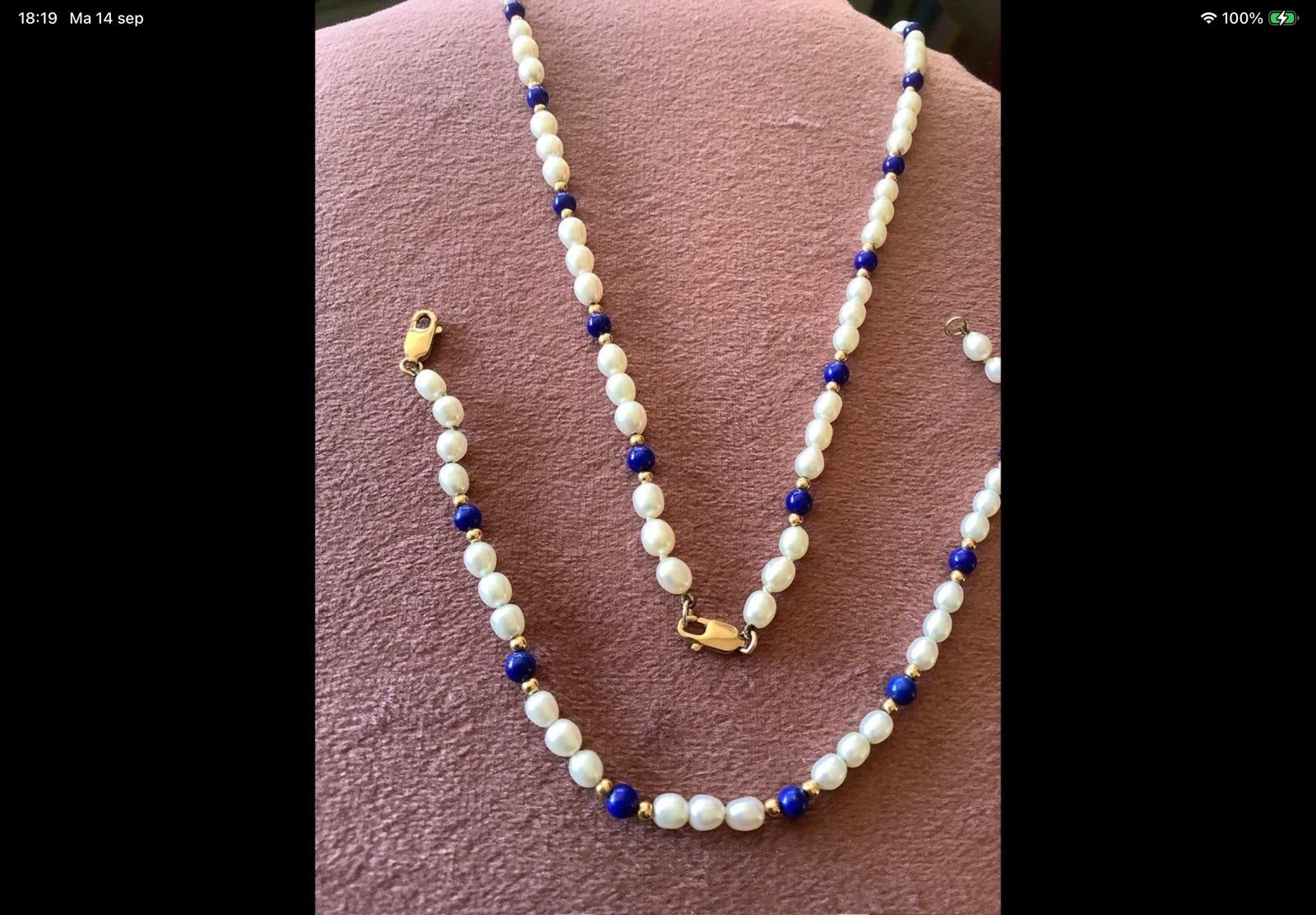 Vintage gouden set ketting armband Lapis Lazuli Parels 14 k, Sieraden, Tassen en Uiterlijk, Ophalen of Verzenden, Zo goed als nieuw