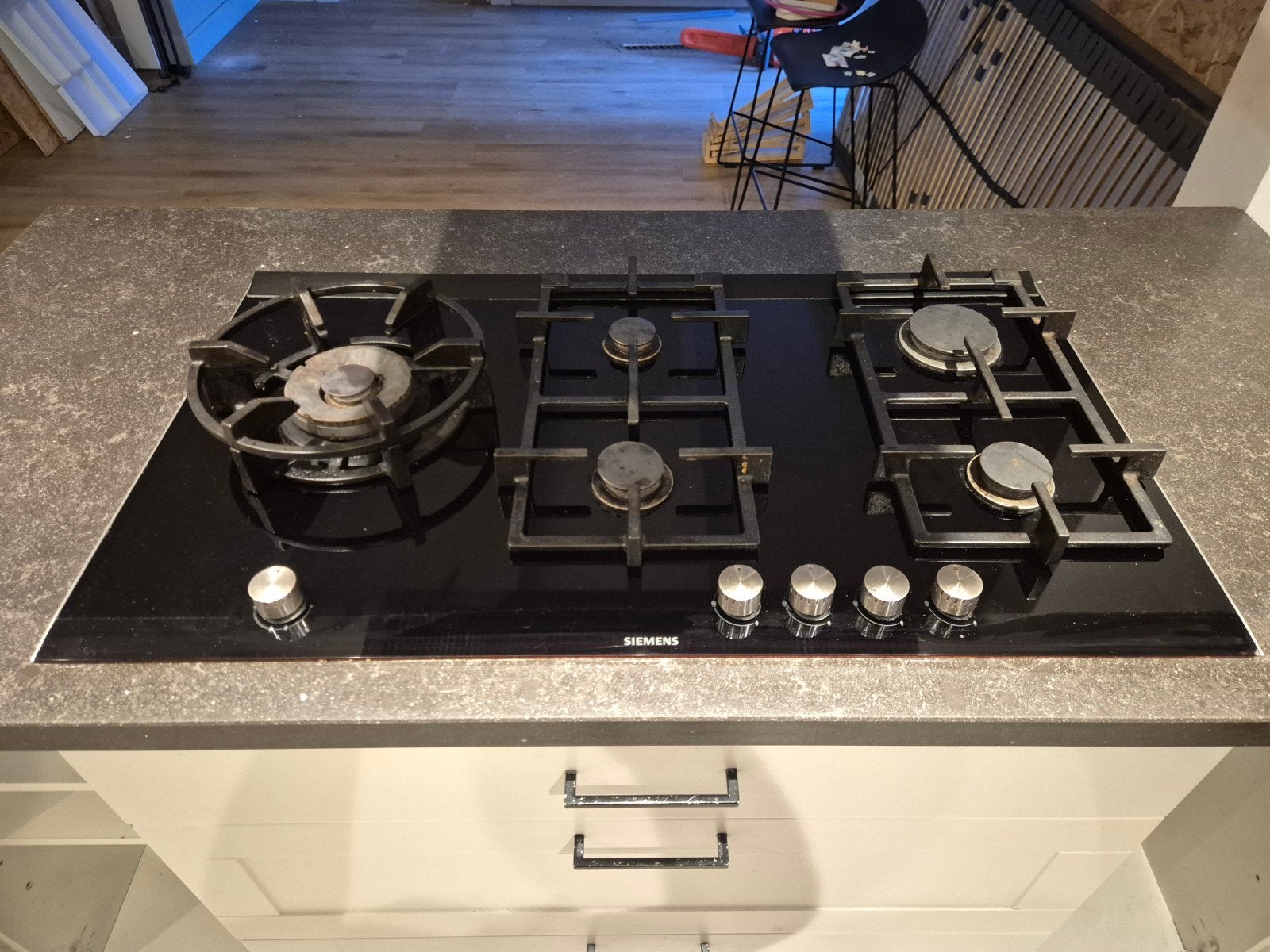 Siemens 5-pits gaskookplaat, zwart glas, met wokbrander, Ophalen, Gebruikt, Inbouw, Gas