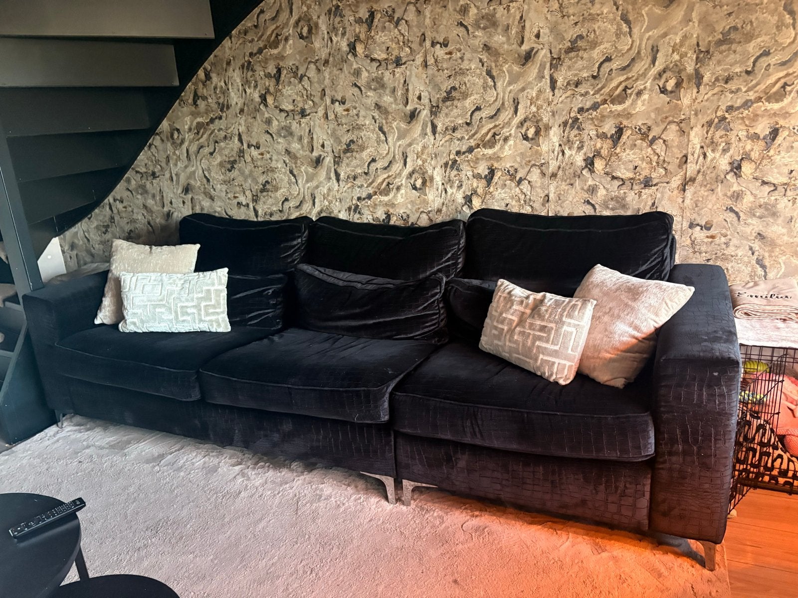 Nette zwarte velvet croco bank - 280x110cm, Huis en Inrichting, Banken | Bankstellen, Ophalen, 250 tot 300 cm, Gebruikt, 100 tot 125 cm