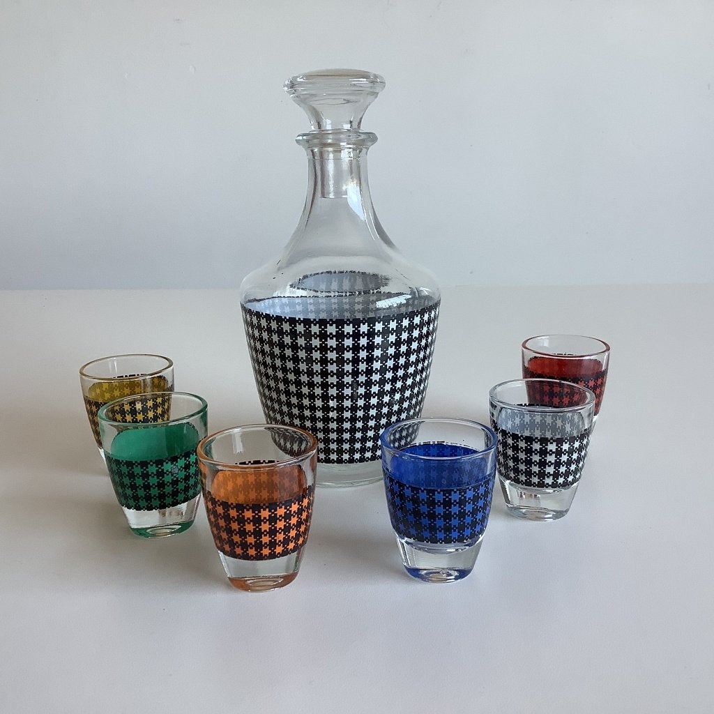 seventies setje Vichy decanter + 6 shotglaasjes, Verzamelen, Ophalen of Verzenden, Zo goed als nieuw, Borrel- of Shotglas