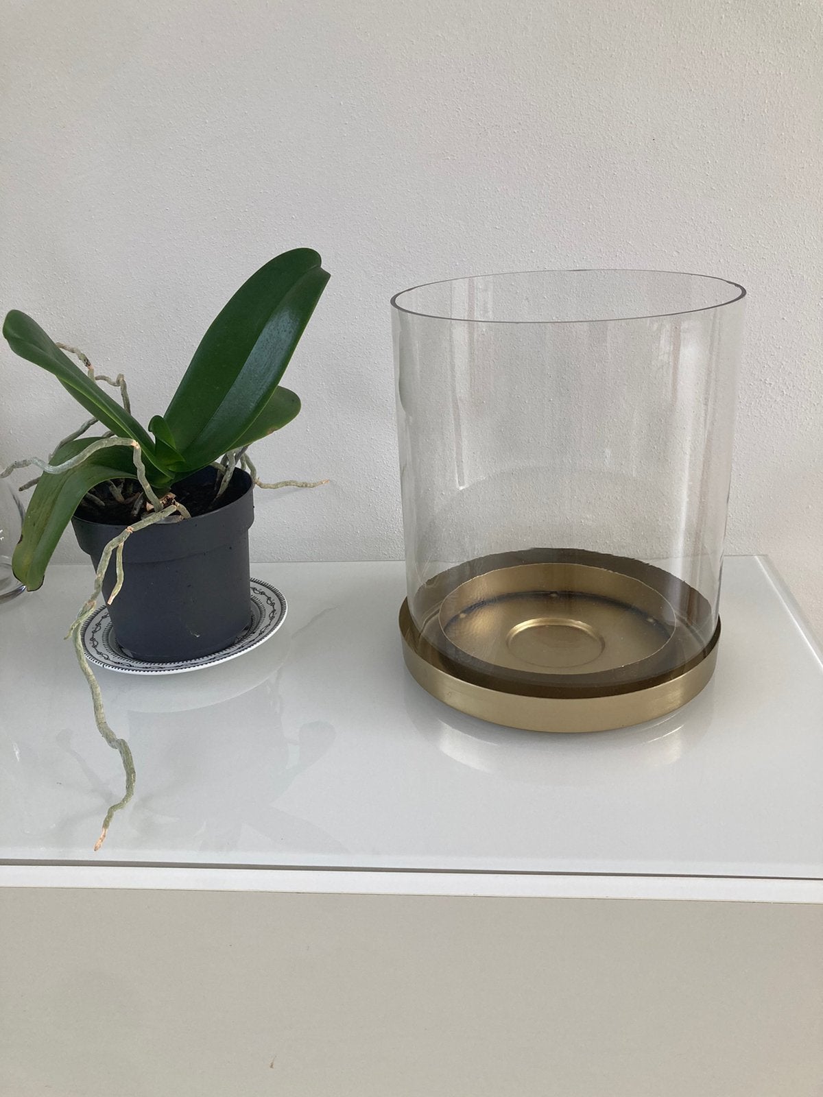 Prachtig Groot Windlicht ‘kandelaar’ met goudkleurige schaal, Ophalen, Zo goed als nieuw, Glas, Kaars