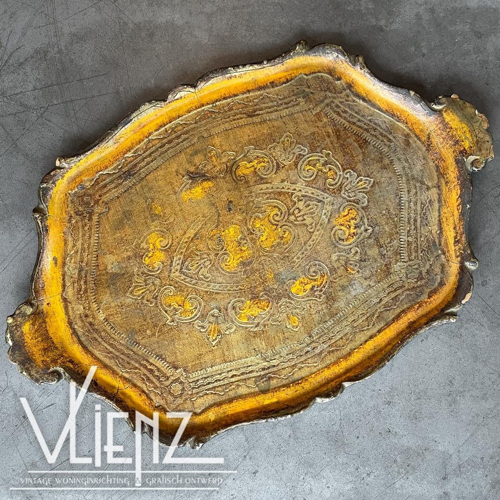 Vintage Florentijns dienblad goudkleurig en oranje, Huis en Inrichting, Woonaccessoires | Dienbladen, Gebruikt, Overige vormen