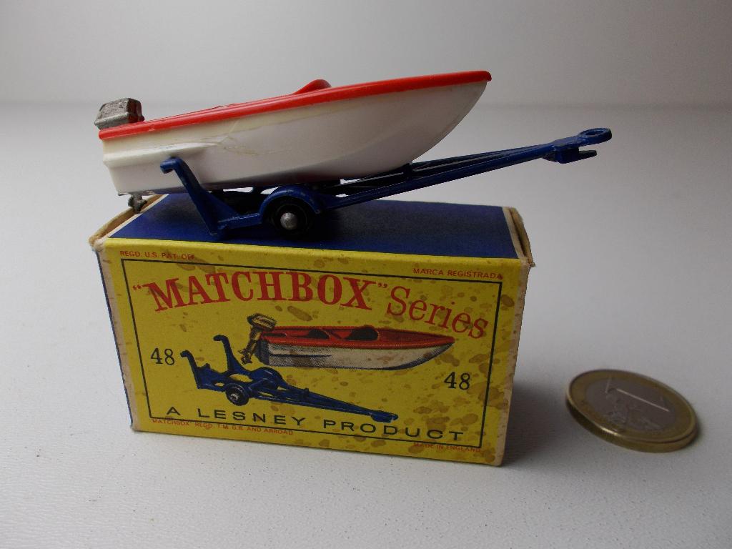1961 Matchbox Series Lesney Nr. 48B TRAILER + BOAT + DOOSJE!, Hobby en Vrije tijd, Modelauto's | 1:50, Ophalen of Verzenden, Zo goed als nieuw