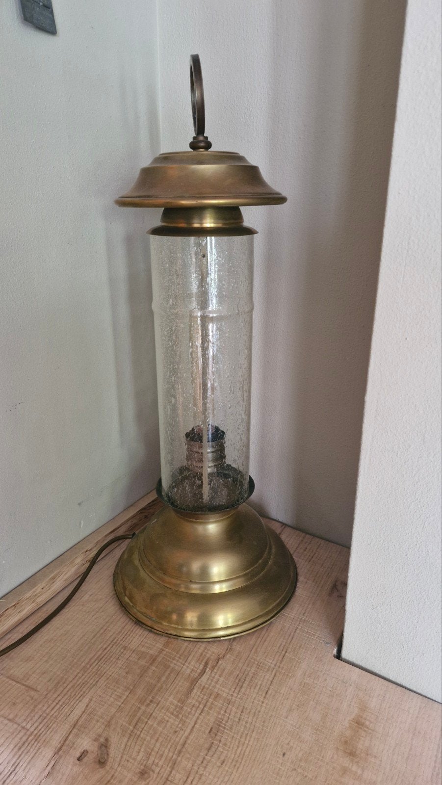 Grote antieke messing lantaarn met glazen cilinder, Ophalen of Verzenden
