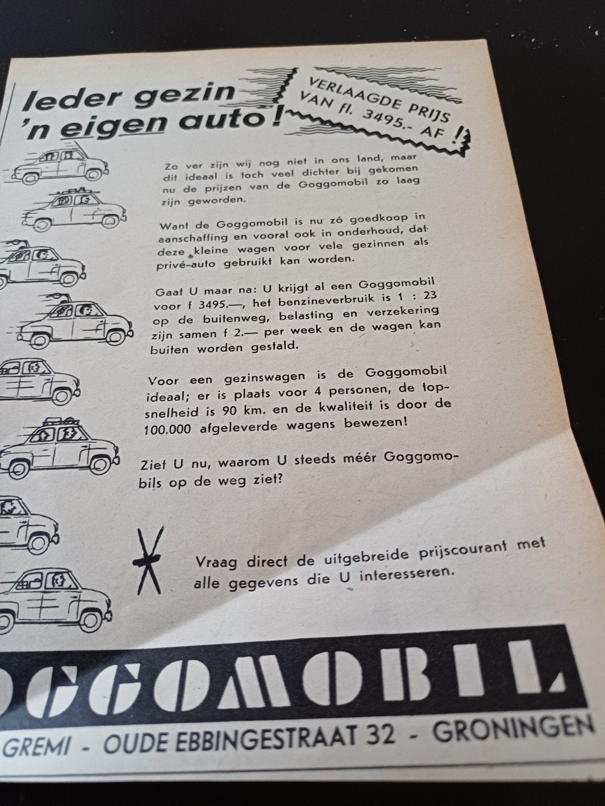 advertentie Goggomobil ieder gezin 1958, Ophalen of Verzenden, Zo goed als nieuw, Auto's