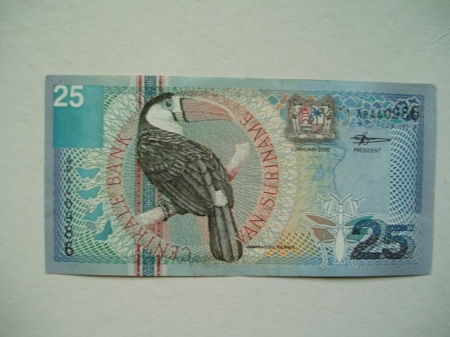1077. Suriname, 25 gulden 2000 Red-billed Toucan., Verzenden, Zuid-Amerika, Los biljet