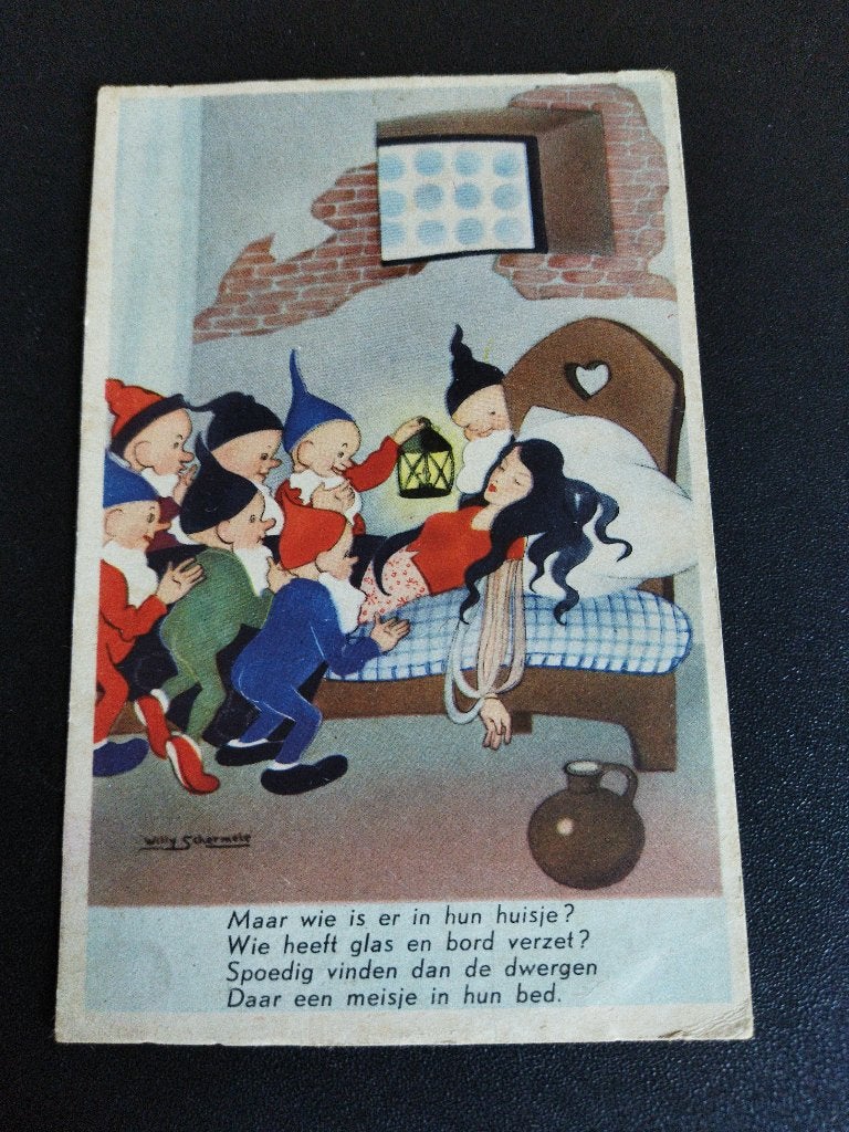 Vintage ansichtkaart Sneeuwwitje Willy Schermele, Ophalen of Verzenden, 1940 tot 1960, Gelopen, Overige thema's