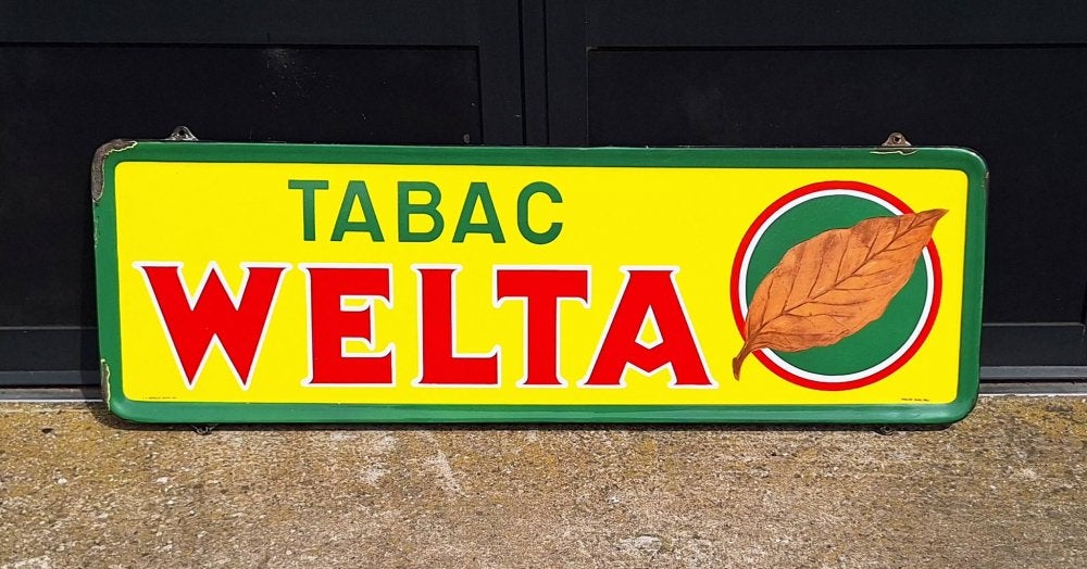 Groot horizontaal emaille reclamebord van Tabac Welta., Verzamelen, Merken en Reclamevoorwerpen, Ophalen, Reclamebord, Gebruikt
