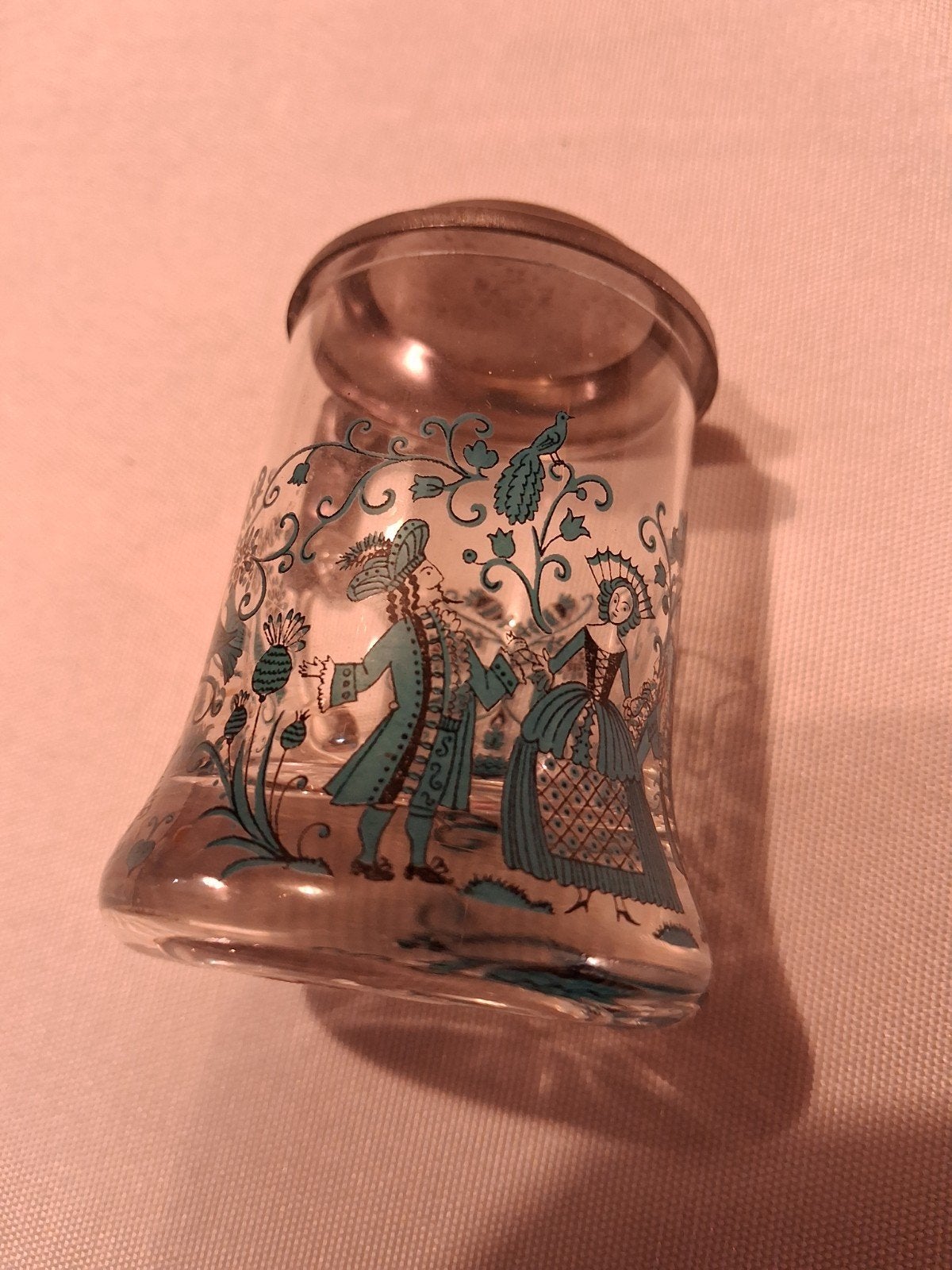Vintage Glazen Bierpul met Tin Deksel en Decoratie, Antiek en Kunst, Antiek | Glas en Kristal, Ophalen