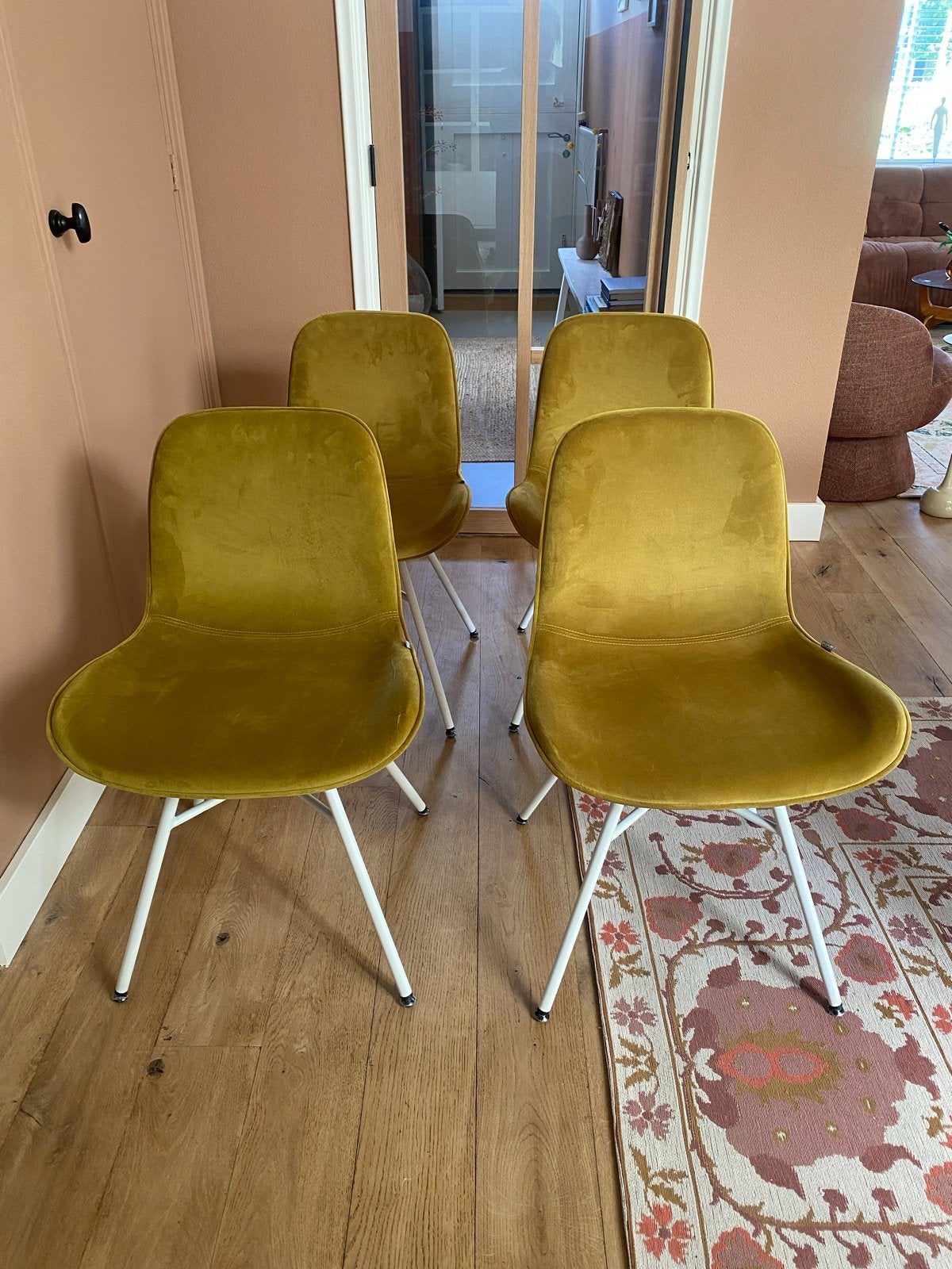 Blatt velvet stoelen okergeel - set van 4, Overige kleuren, Ophalen of Verzenden, Zo goed als nieuw, Vier